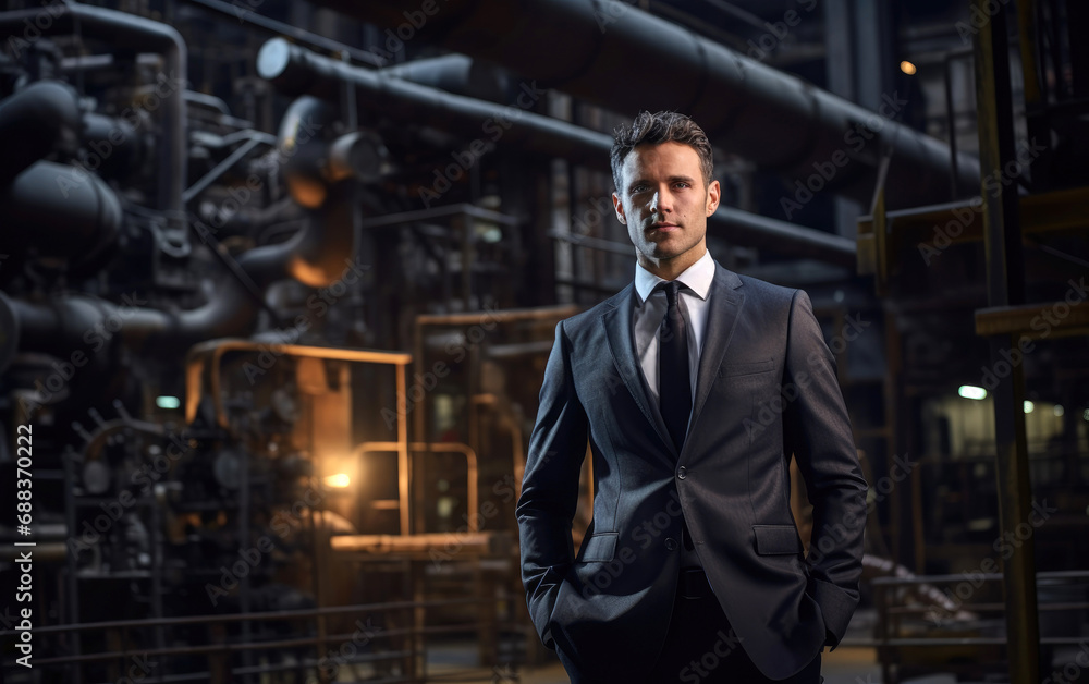 Businessman in a suit and a tie posing in a steel plant Businessman in a suit and a tie posing in a steel plant