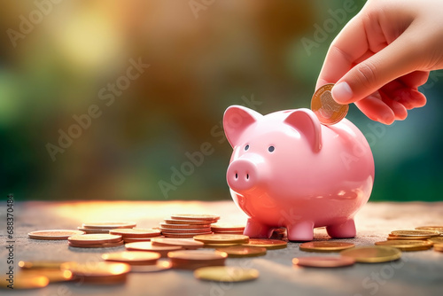 Close up hand of a child holding coin and putting money coin into the pink piggy for saving money wealth. Saving concept of finance and investment. photo