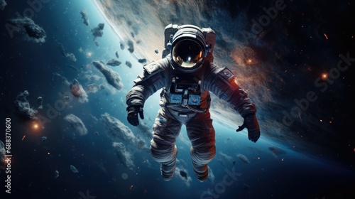 Astronauts exploring outer space doing spacewalks. 3D