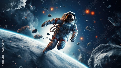 Astronauts exploring outer space doing spacewalks. 3D