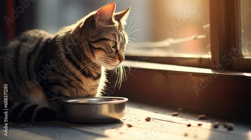 Beautiful tabby cat sitting next to a food bowl placed photo