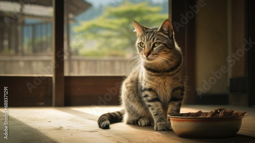 Beautiful tabby cat sitting next to a food bowl placed
