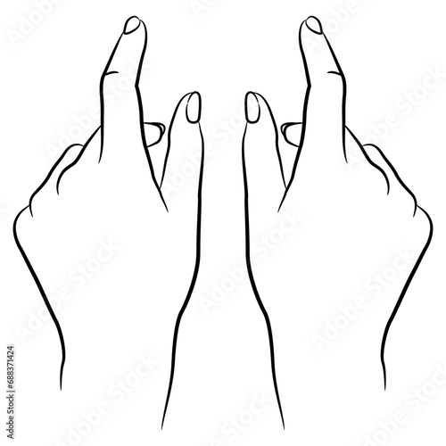 Two beautiful female hands in elegant gesture with pointing index fingers. Show size or distance between. Black and white linear silhouette. Cartoon style.