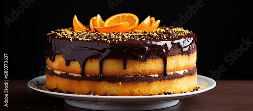 Orange cake with chocolate ganache and sprinkles.