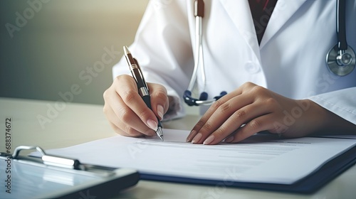 Close up of female doctor filling out application form