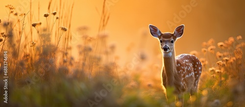 Sunrise backlit image of a whitetail fawn in an open field. photo