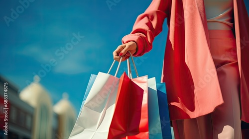 Closeup Woman holding sales shopping bags.