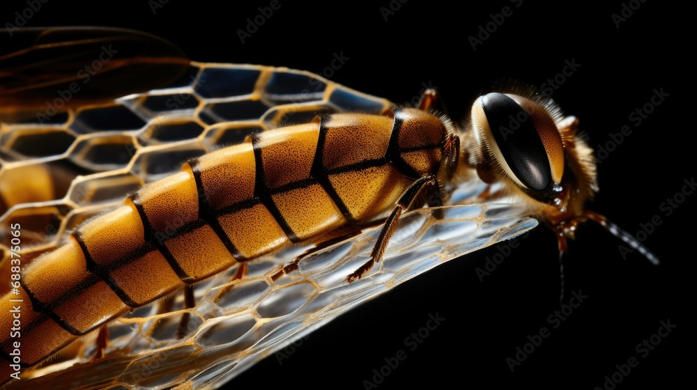 Close-up of bee wing on black background detailed