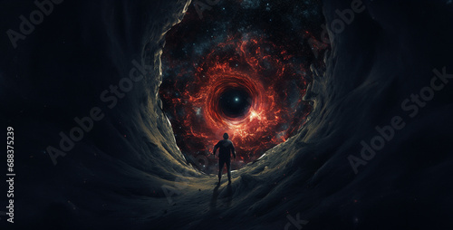 Fototapete cosmic horror monster escaping from black hole, scary halloween background