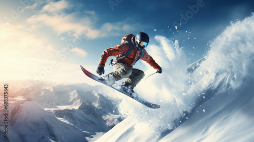 Snowboarder is jumping with snowboard from snowhill. Extreme sport.