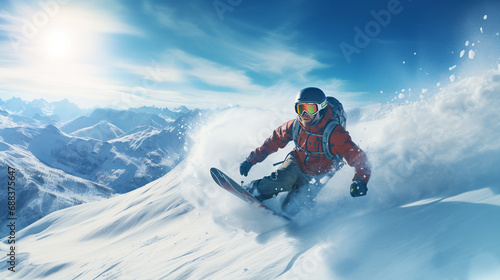 Snowboarder is jumping with snowboard from snowhill. Extreme sport. © Shanorsila