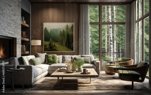 Modern living room in the style of atmospheric woodland imagery © piai