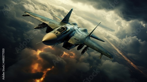 Flying fighter jet. Illustration of an Accelerating