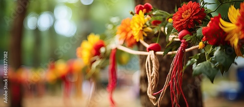 Red and yellow twine creating floral decor in a forest campsite during an earth festival, closeup shot with room for text.