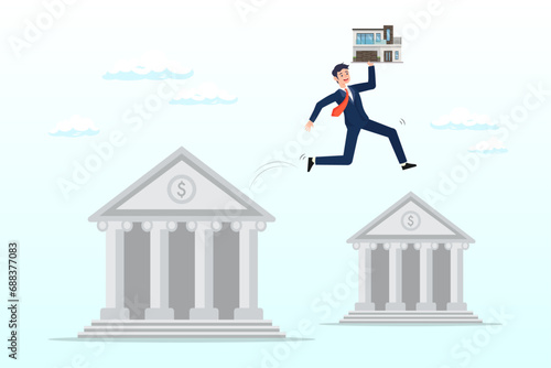 Businessman with his house jump to new bank, refinance change mortgage agreement to new bank, replace debt obligation with better interest rate, housing loan or real estate investment (Vector)