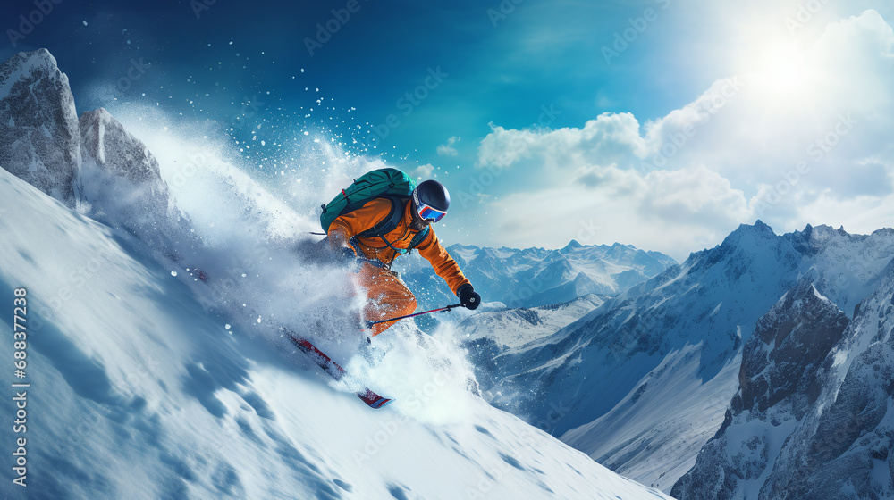 freeride skier riding in the scenic mountain. freeride skier riding in the scenic mountain.