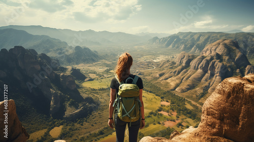 View from behind of a female hiker with a backpack looking at a beautiful view of high mountains under clear sky. photo