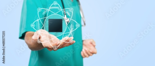 Obraz na płótnie AI development for healthcare. Doctor hold icons