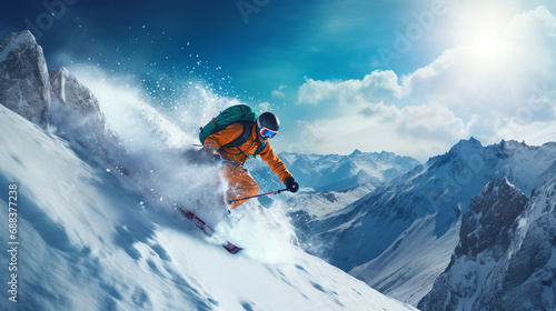 freeride skier riding in the scenic mountain.