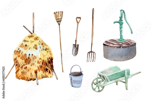 Watercolor farm equipment elements collection, garden tools illustration