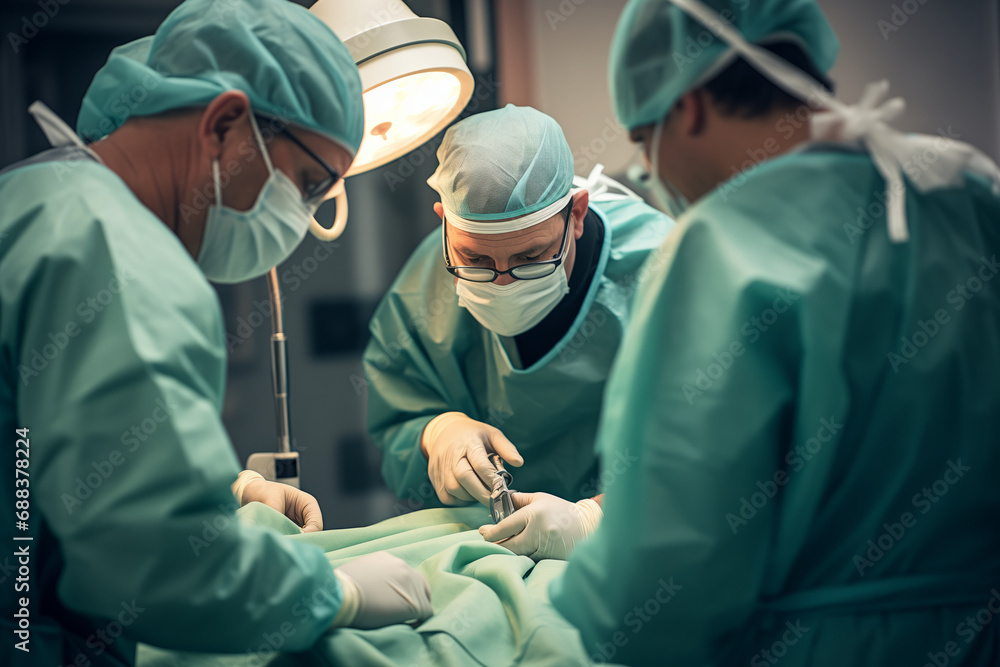 surgery doctor team in emergency Operating Room, Assistant Hands out Instruments to Surgeons During Operation. doctor and nurse surgeons in green gown coat at hospital operating theater. ai generated surgery doctor team in emergency Operating Room, Assistant Hands out Instruments to Surgeons During Operation. doctor and nurse surgeons in green gown coat at hospital operating theater. ai generated