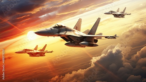 Group of four jet fighter planes flying sun shining photo