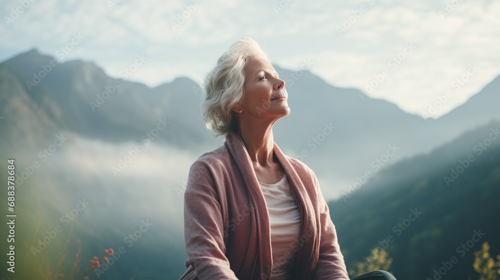 Carefree older women smiling with mountain and sunny background. Carefree older women smiling with mountain and sunny background.
