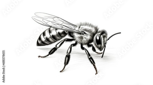 Honey bee vector engraving illustration on white background
