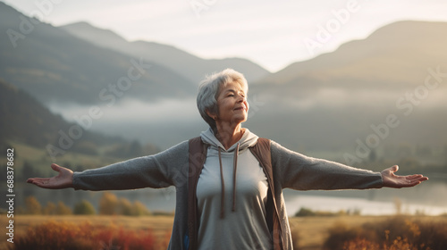 Carefree older women smiling with mountain and sunny background. photo