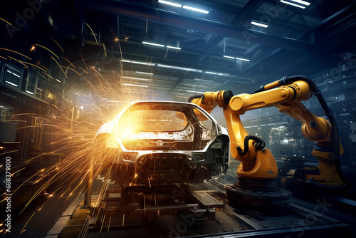 Automated Robotic arms line welding assembly car working at futuristic factory, industrial robots in automotive factory industry factory automation car manufacturing. Robot arm high tech. ai generated