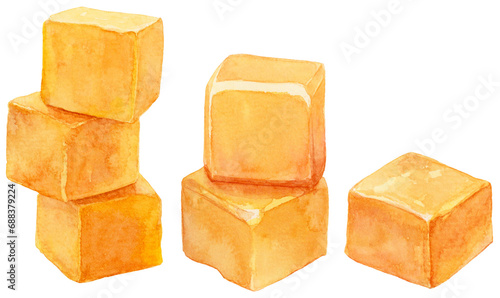 重なったキャラメル　水彩画イラスト　立方体