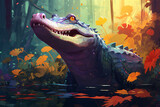 painting style landscape background, a crocodile in the forest