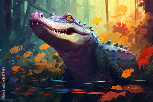 painting style landscape background, a crocodile in the forest photo