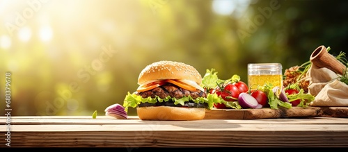 Outdoor wooden table serves tasty burger with cheese, lettuce, onion, and tomatoes.