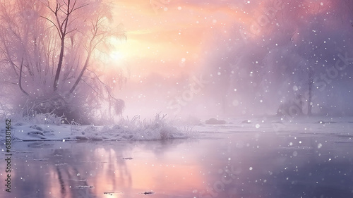 winter landscape, snowfall in nature calm quiet sunset, snowflakes slowly falling, wildlife background © kichigin19