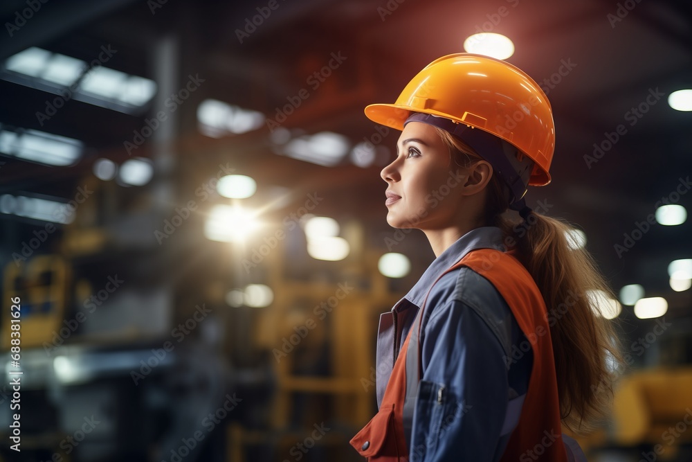 Ai generated of young woman engineer in uniform helmet standing and posing cross arm in industrial factory background with sunset light. female technician worker technician in manufacturing factory. Ai generated of young woman engineer in uniform helmet standing and posing cross arm in industrial factory background with sunset light. female technician worker technician in manufacturing factory.