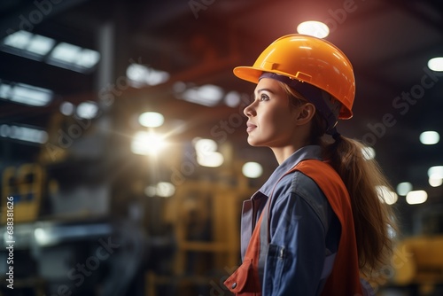 Ai generated of young woman engineer in uniform helmet standing and posing cross arm in industrial factory background with sunset light. female technician worker technician in manufacturing factory.
