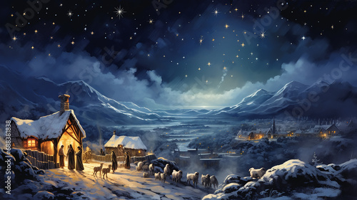christmas nativity scene, illustration, christmas eve greeting card photo