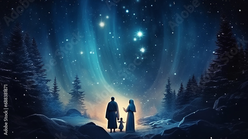 biblical landscape night under the Christmas star, the birth of the savior, sign prediction symbol, religious christian plot, computer graphics
