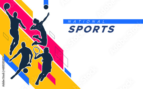 Sports background design with abstract ornaments along with football, tennis, basketball and volleyball athletes. Design with the concept of celebrating National Sports Day