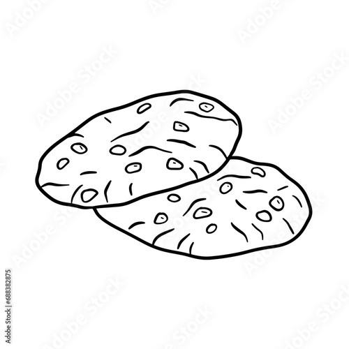 Chocolate chip cookies outline illustration isolated on white background. Classic sweet doodle isolated on white