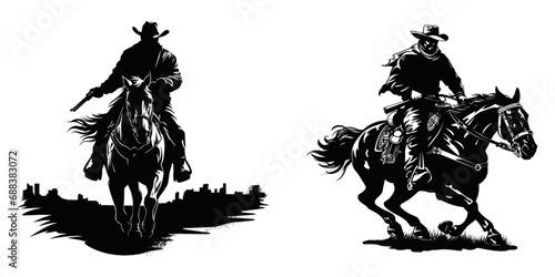 Cowboy riding horse and wearing hat set, vector illustration. © CreativeMind