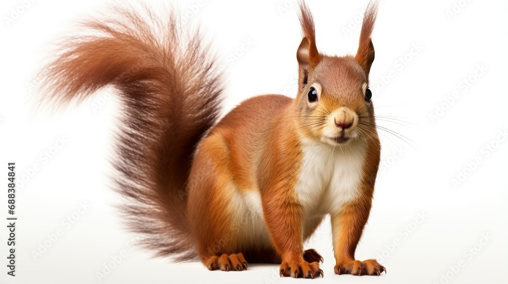 Portrait of a Eurasian red squirrel in front of a white