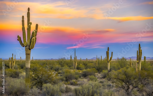 Majestic Tranquility: A Captivating Desert Canvas with Saguaro Giants © Digital Art 420
