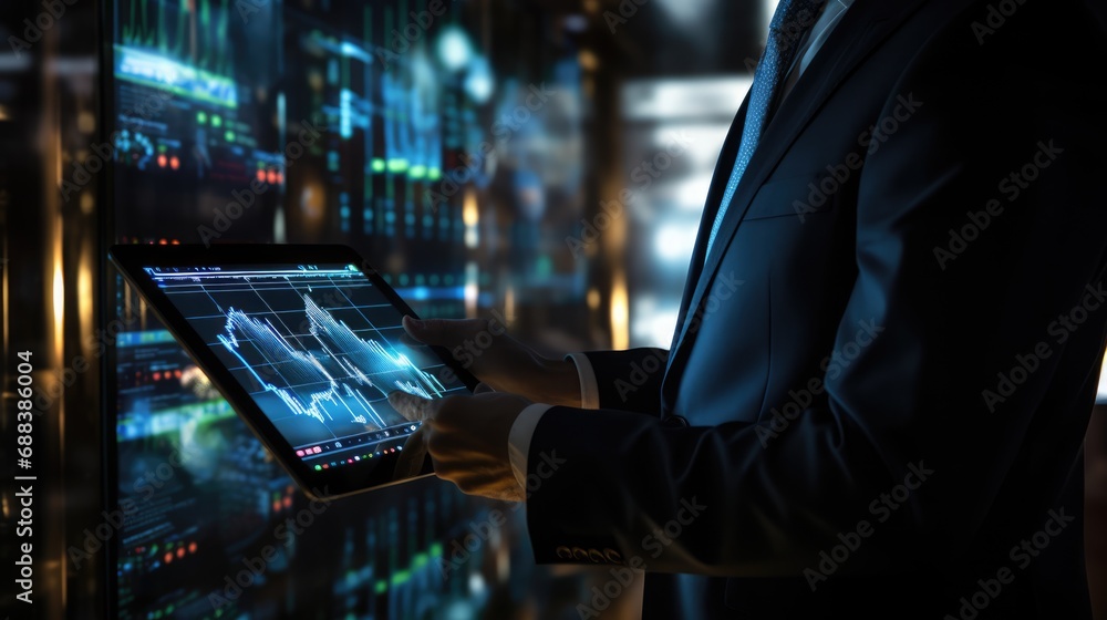 A standing businessman who is looking at stock market exchange graph on the big screen background, Business trading and financial technology concept. A standing businessman who is looking at stock market exchange graph on the big screen background, Business trading and financial technology concept.