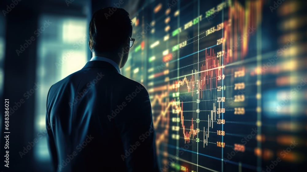 A standing businessman who is looking at stock market exchange graph on the big screen background, Business trading and financial technology concept. A standing businessman who is looking at stock market exchange graph on the big screen background, Business trading and financial technology concept.