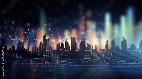 3D rendering of a stock market chart. The lines represent the prices of stocks, and the bars represent the volume of trading.