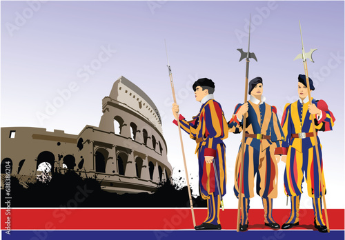 Three Swiss Guards on Rome background. 3d vector hand drawn illustration