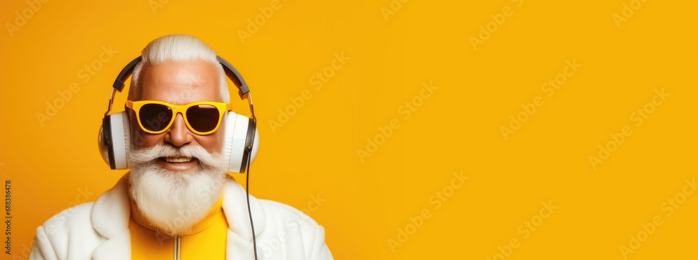 Banner of funny crazy hipster Santa Claus in headphones fun Christmas x-mas party celebrate New year time dance on yellow background.