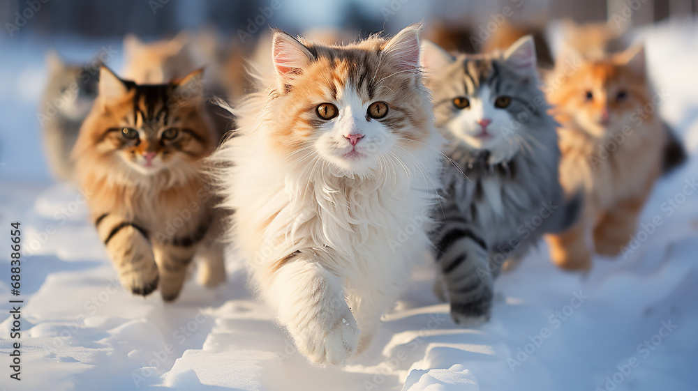 a group of cats in a dynamic pose running through fluffy snow, the onset of winter, December christmas nature